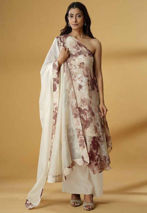 Digital Printed Georgette Asymmetric A Line Suit in Light Beige