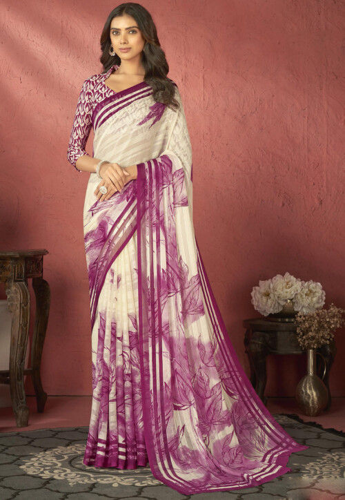 Digital Printed Georgette Brasso Saree in Cream and Purple