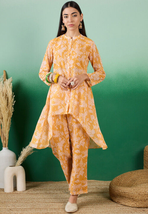 Digital Printed Georgette Asymmetric Co Ord Set in Yellow