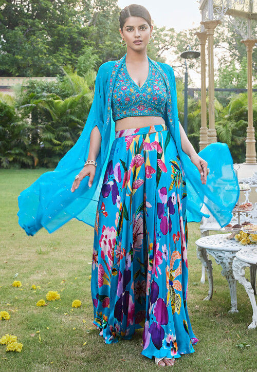 Digital Printed Georgette Crop Top Set in Blue