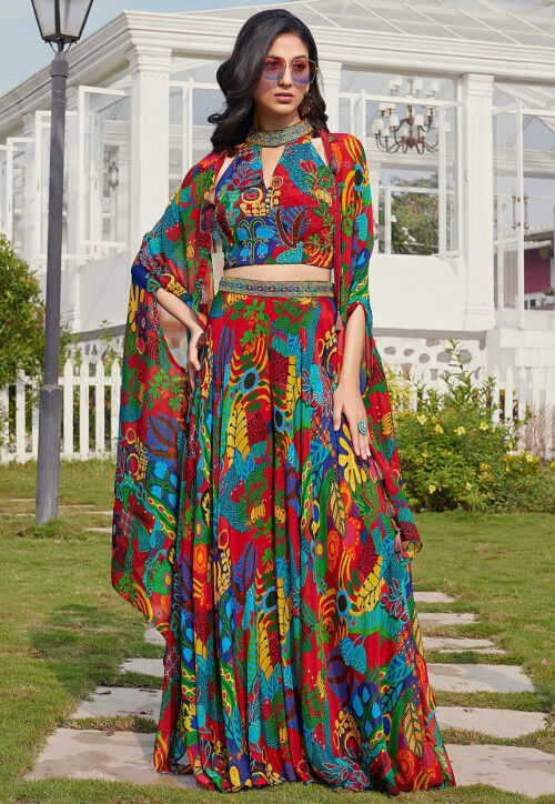 Digital Printed Georgette Crop Top Set in Multicolor