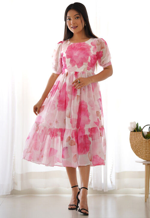 Digital Printed Georgette Fit and Flare Dress in Off White and Pink