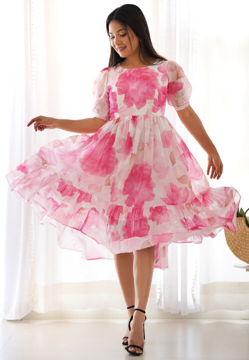 Digital Printed Georgette Fit and Flare Dress in Off White and Pink