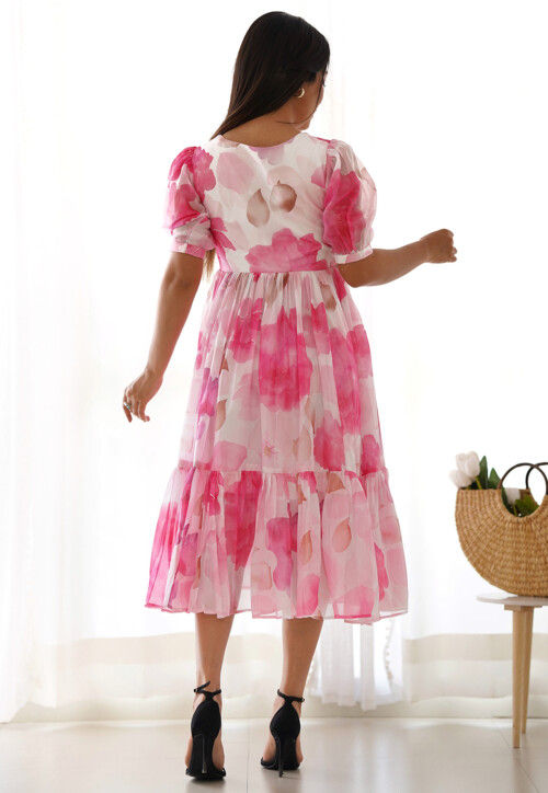 Digital Printed Georgette Fit and Flare Dress in Off White and Pink