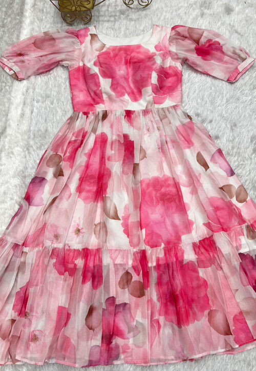 Digital Printed Georgette Fit and Flare Dress in Off White and Pink