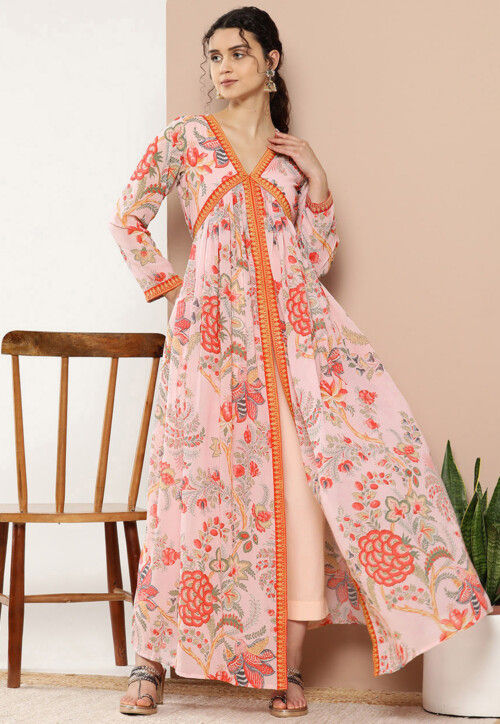 Green Printed Half Sleeve Front Slit Kurta With Solid Brown Straight Pant