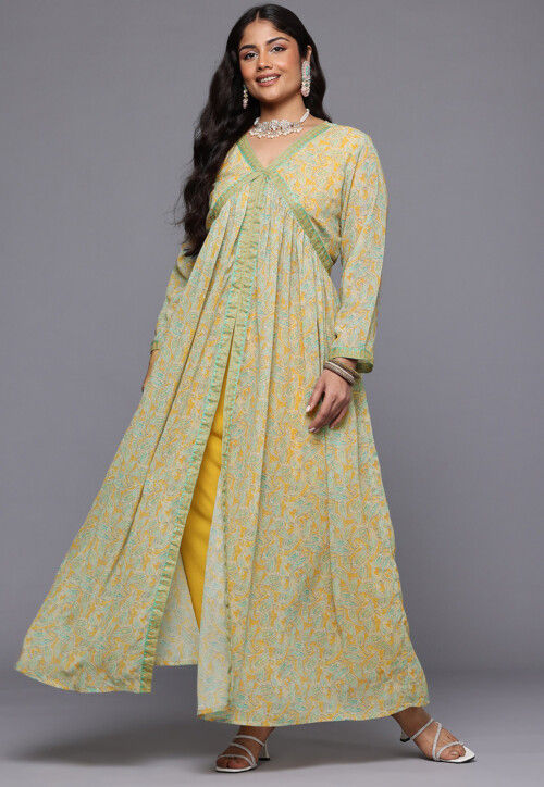 Digital Printed Georgette Front Slit Kurta Set in Yellow