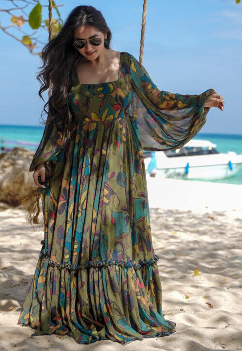 Digital Printed Georgette Gown in Olive Green