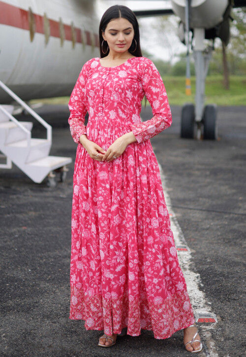 Buy Digital Printed Georgette Gown in Pink Online TFJ167 Utsav