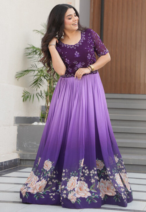 Digital Printed Georgette Gown in Purple