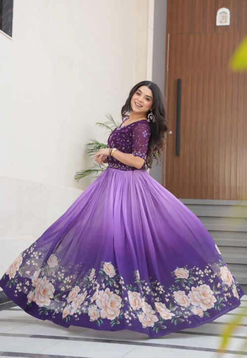 Digital Printed Georgette Gown in Purple