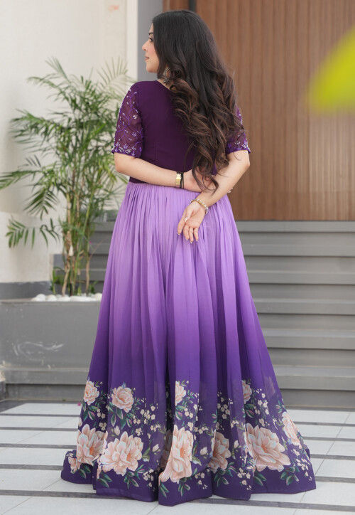 Digital Printed Georgette Gown in Purple
