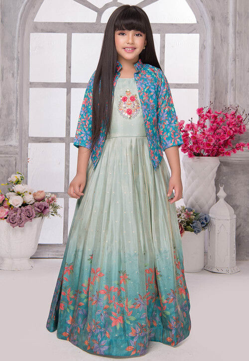 Digital Printed Georgette Gown in Sea Green