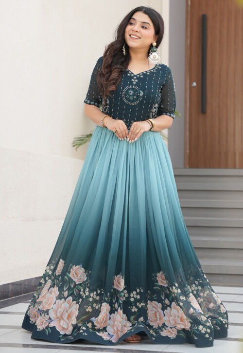 Digital Printed Georgette Gown in Teal Green