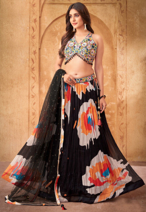 Digital Printed Georgette Lehenga in Black and Multicolor