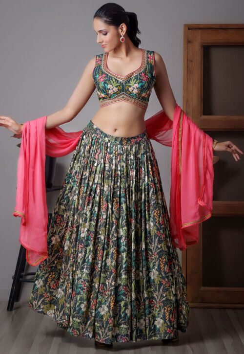 Digital Printed Georgette Lehenga in Black