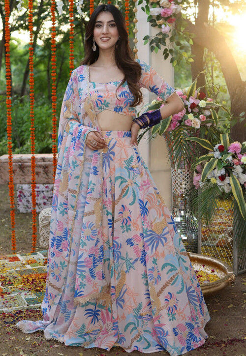 Digital Printed Georgette Lehenga in Cream