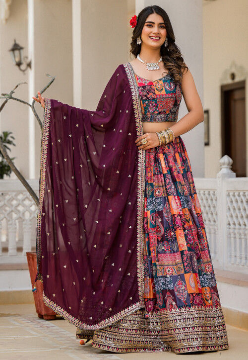 Digital Printed Georgette Lehenga in Multicolor