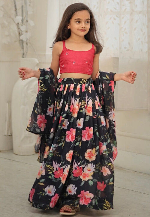Digital Printed Georgette Lehenga in Navy Blue
