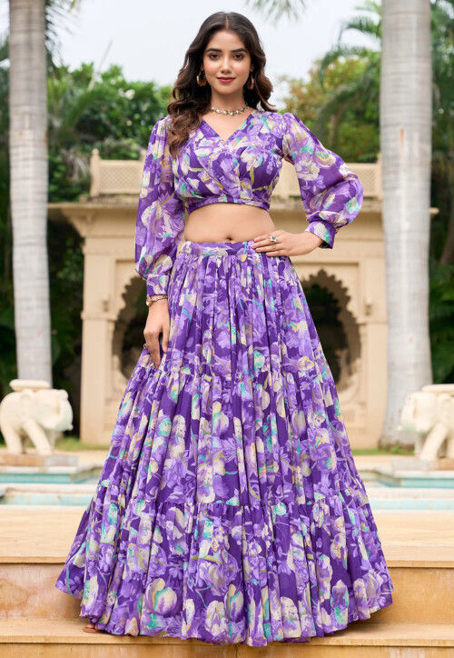 Digital Printed Georgette Lehenga in Purple