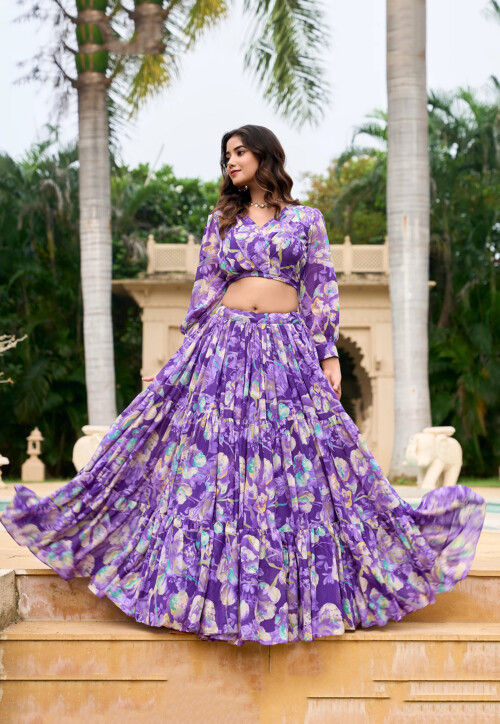 Digital Printed Georgette Lehenga in Purple