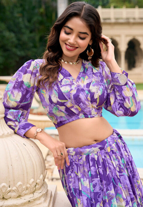 Digital Printed Georgette Lehenga in Purple