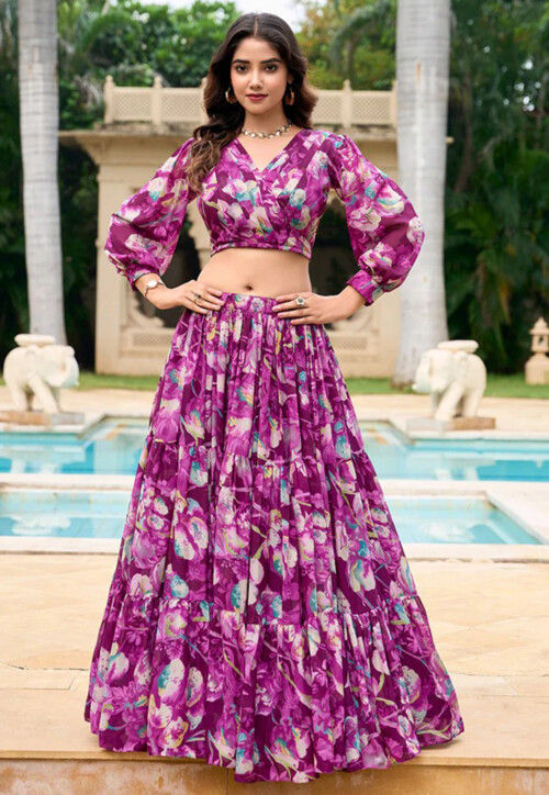 Digital Printed Georgette Lehenga in Purple