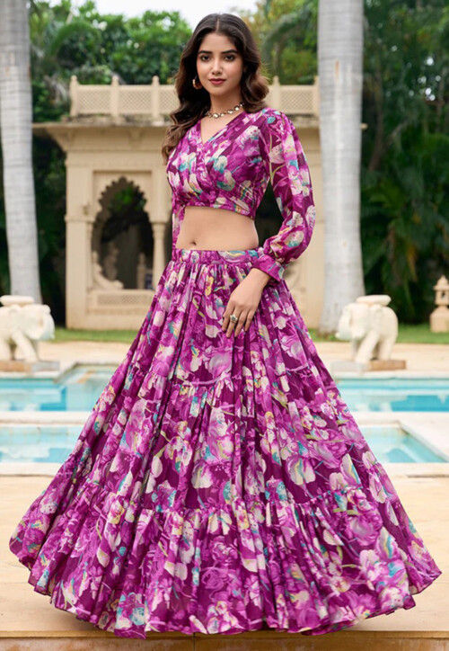 Digital Printed Georgette Lehenga in Purple