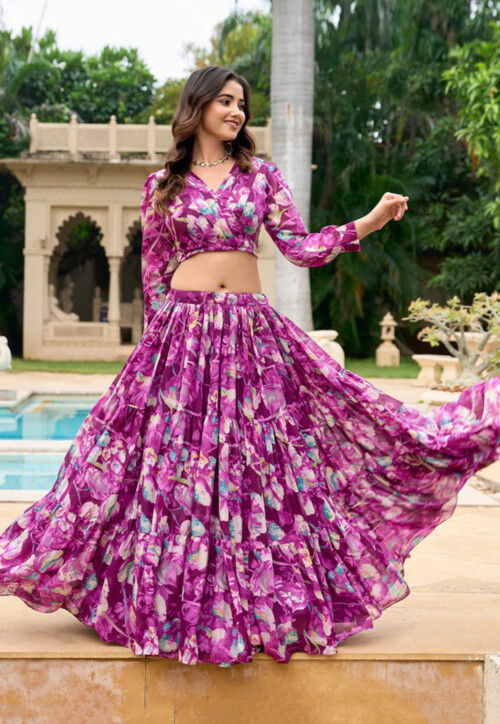 Digital Printed Georgette Lehenga in Purple