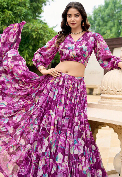 Digital Printed Georgette Lehenga in Purple