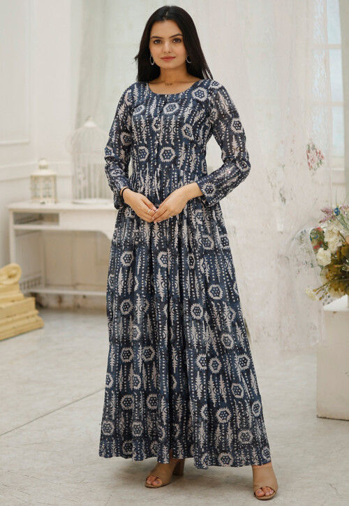 Digital Printed Georgette Long Kurta in Grey