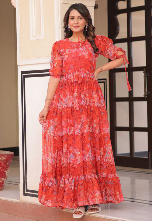 Digital Printed Georgette Maxi Dress in Red