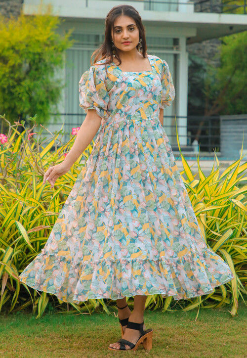 Buy Digital Printed Georgette Midi Dress in Multicolor Online TYT143 Utsav Fashion