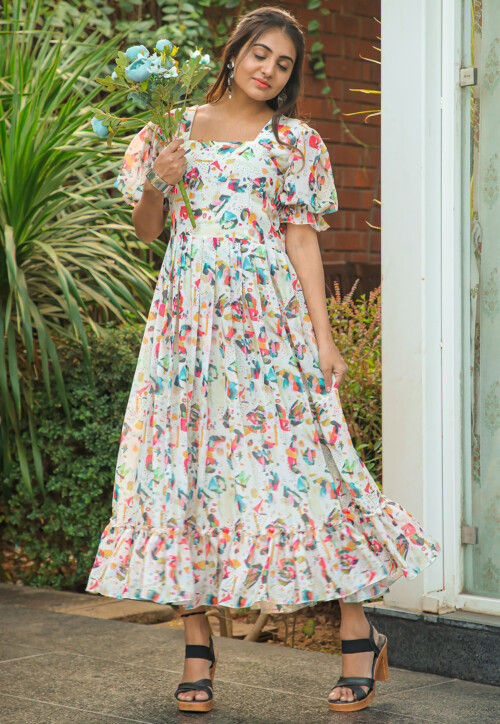 Digital Printed Georgette Midi Dress in Off White