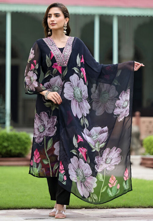 Digital Printed Georgette Pakistani Suit in Black