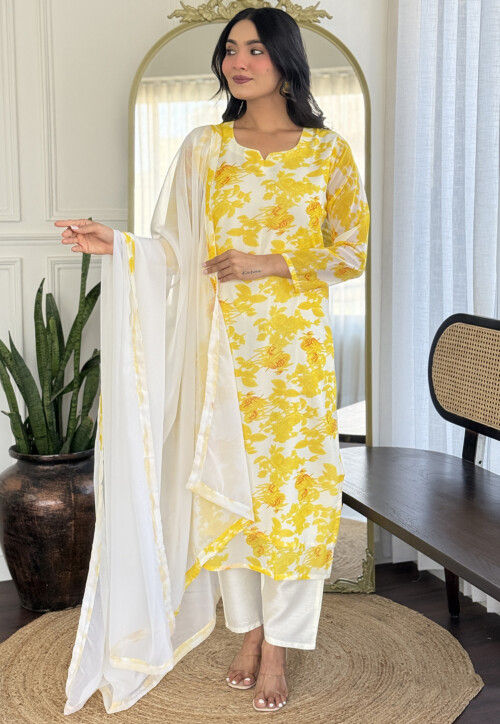 Digital Printed Georgette Pakistani Suit in Off White