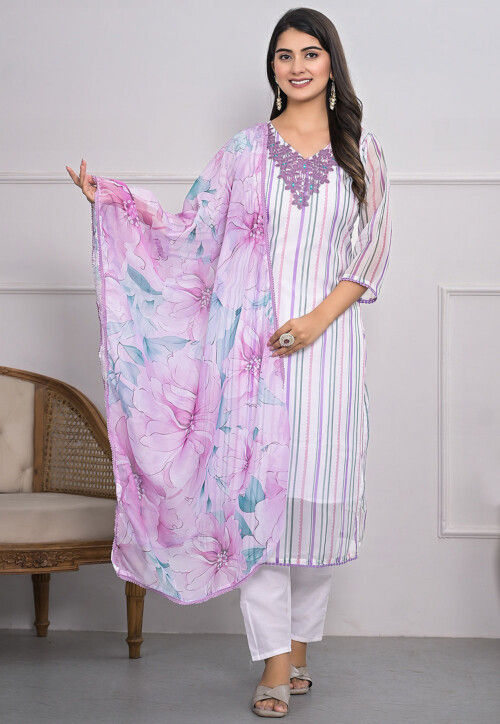 Digital Printed Georgette Pakistani Suit in Off White