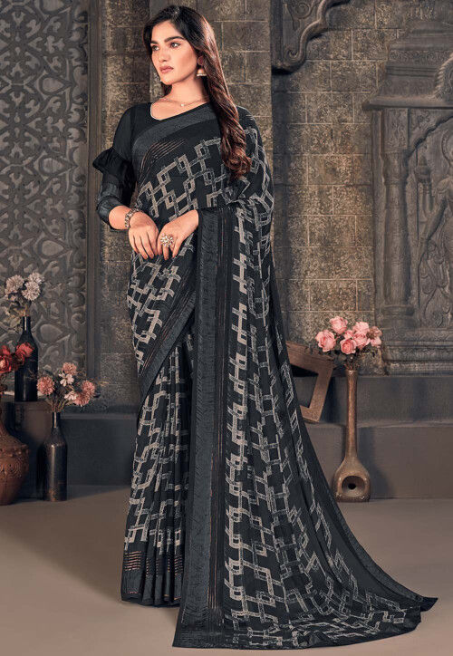 Banarasee Linen Cotton Bagru Hand-Block Printed Saree-Black