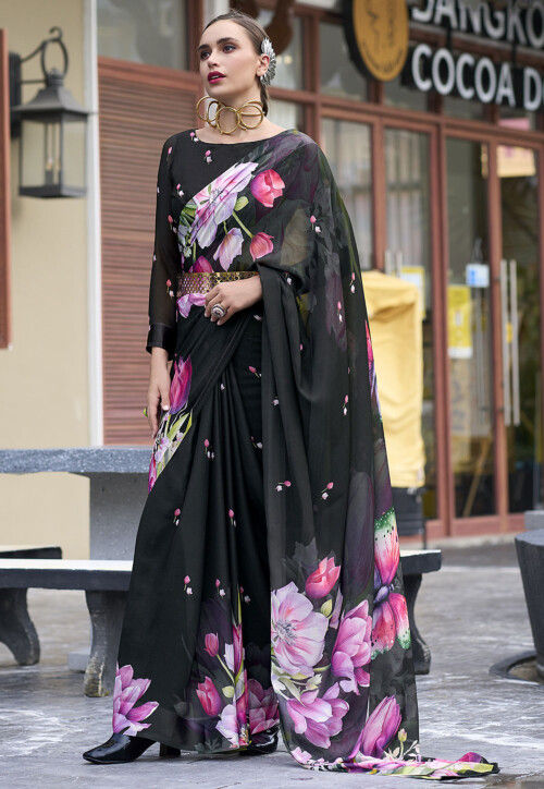 Digital Printed Georgette Saree in Black