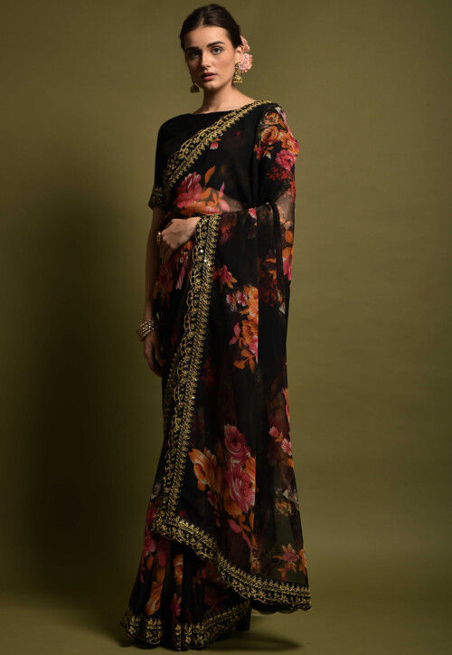 Black Satin Linen Printed Saree | LIVA-408 | Cilory.com