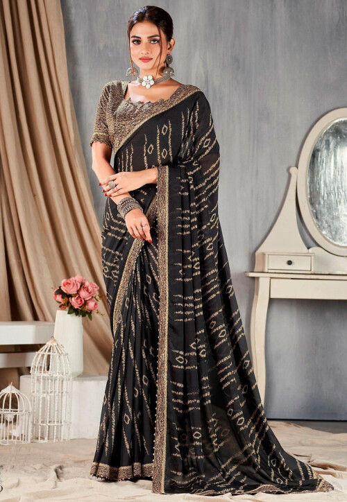 Digital Printed Georgette Saree in Black