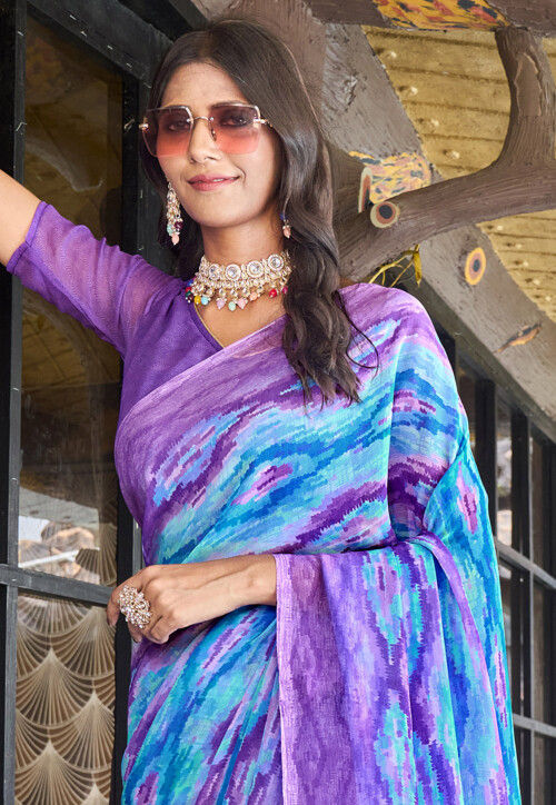 Digital Printed Georgette Saree in Blue
