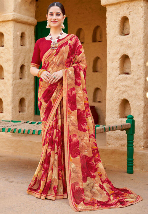 Digital Printed Georgette Saree in Brown