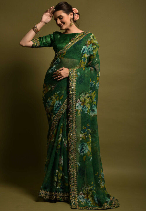 Digital Printed Chiffon Saree in Dark Green
