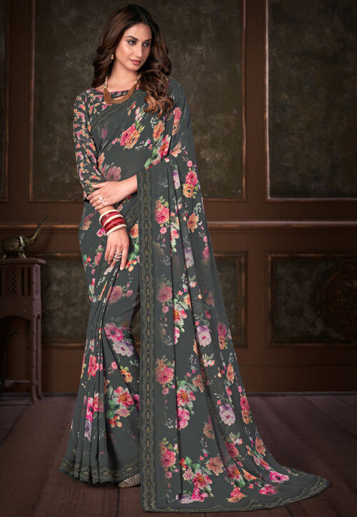 Light Grey Floral Printed Georgette Saree SARV155346