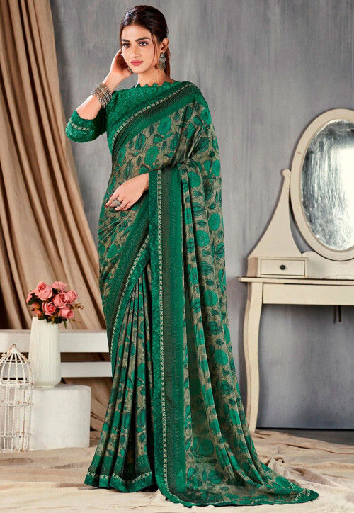 Digital Printed Georgette Saree in Fawn