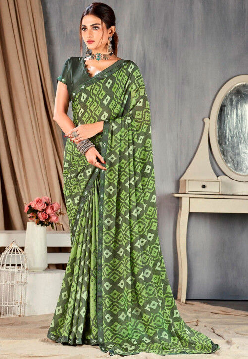 Digital Printed Georgette Saree in Green