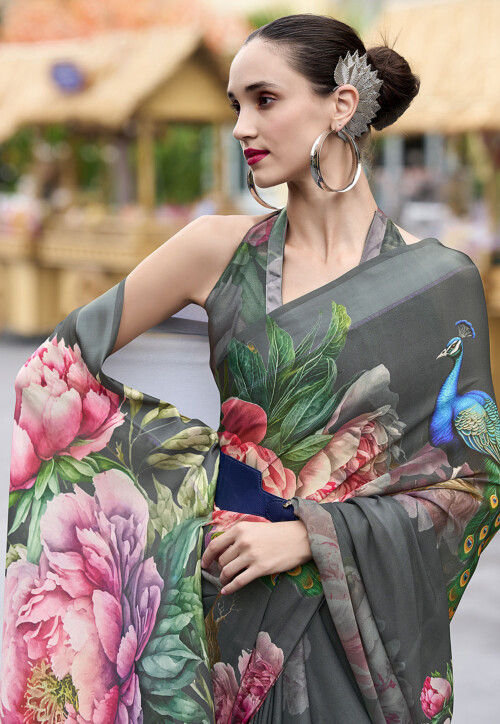 Digital Printed Georgette Saree in Grey