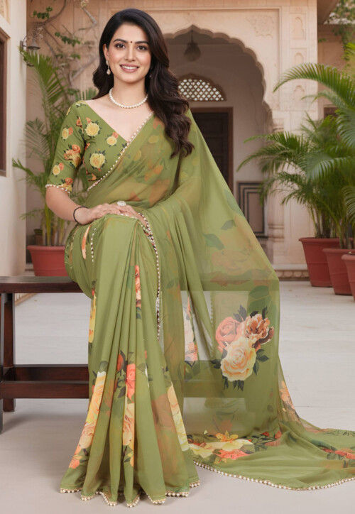 Digital Printed Georgette Saree in Light Green