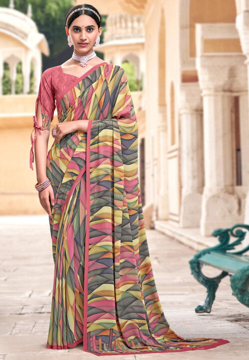 Cream and Grey color Organza sarees with all over digital print saree  design -ORGS0001590